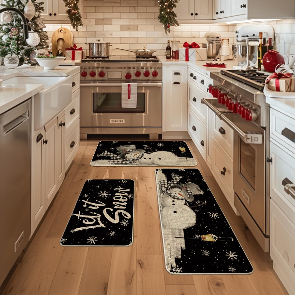 Artoid Mode Let It Snow 17x36 snowflake mat enhances kitchen decor while reducing slips.