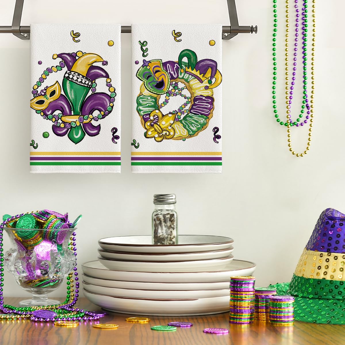 Artoid Mode Mardi Gras kitchen towel with bright colors for festive dish drying.