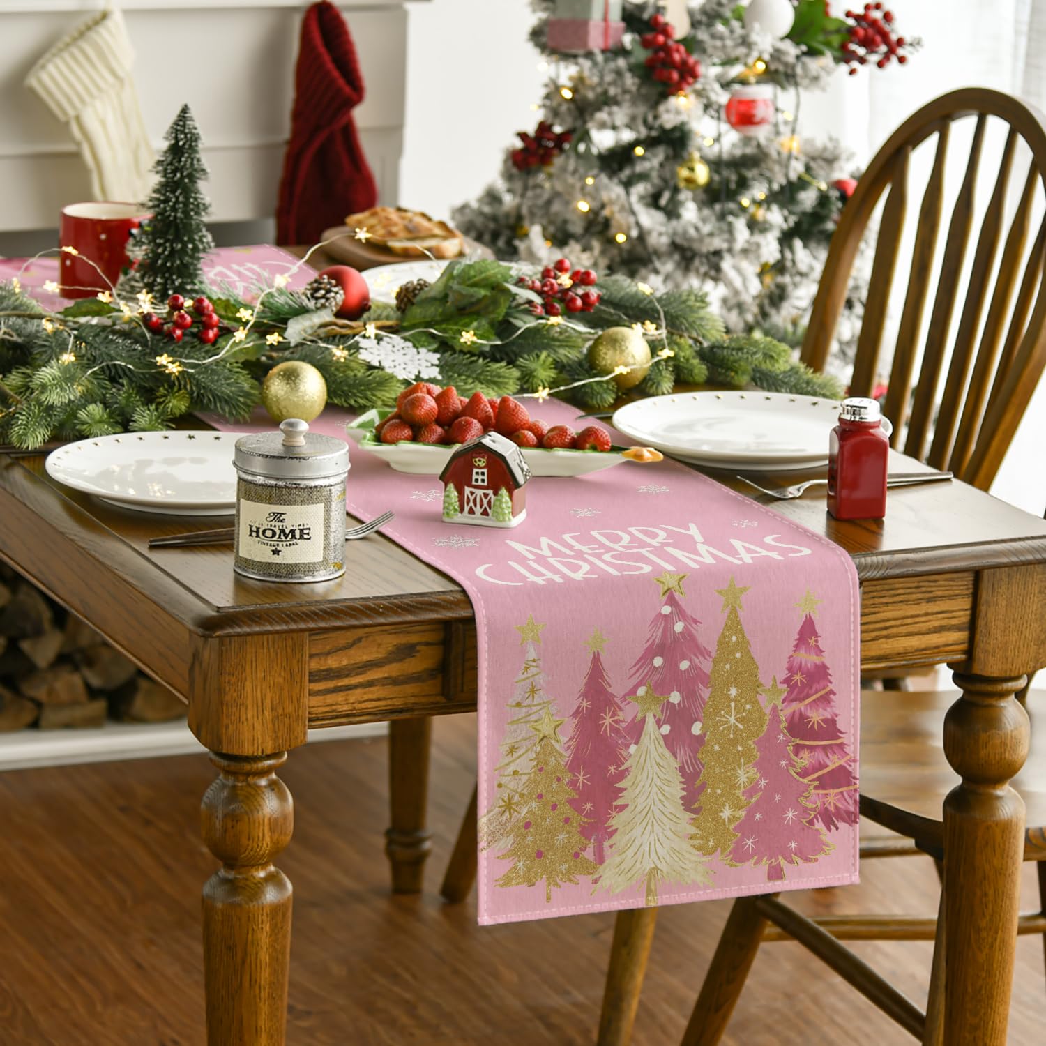 Artoid Mode Merry Christmas pink table runner adds holiday charm