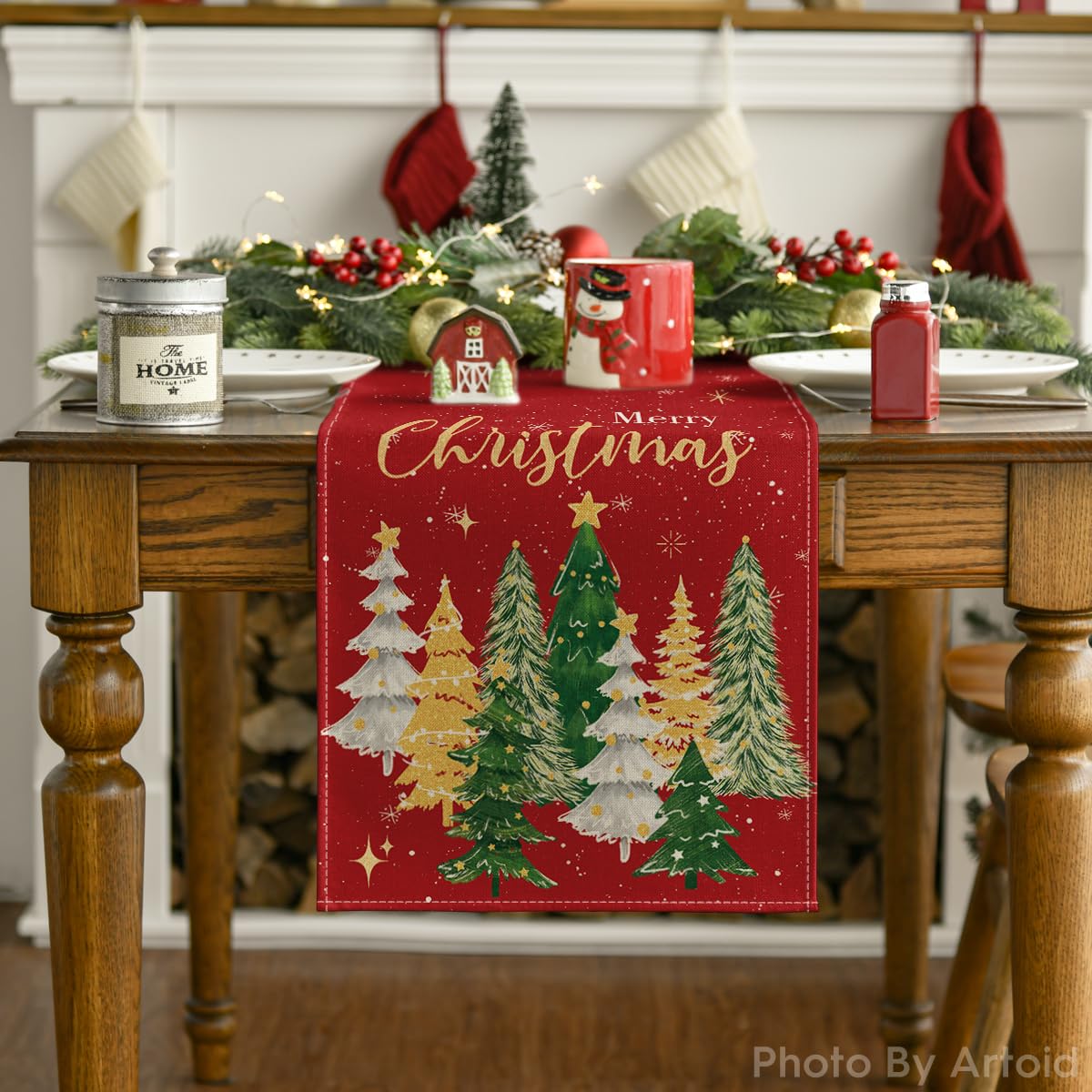 Artoid Mode merry christmas table runner brightens gatherings and resists spills.