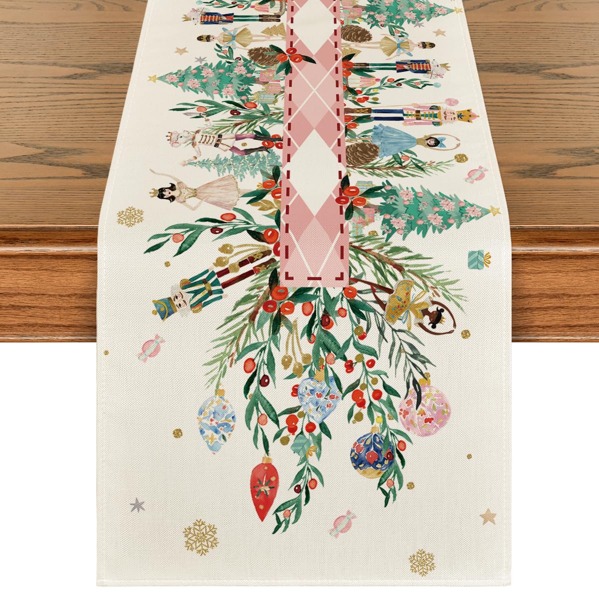 Artoid Mode Nutcracker Floral Holly runner on a dining table adds festive color and protection.