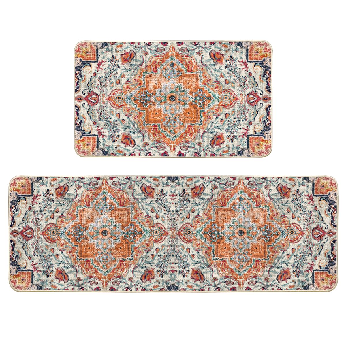 Artoid Mode orange flowers Bohemia kitchen mat main view enhances color and floor protection.