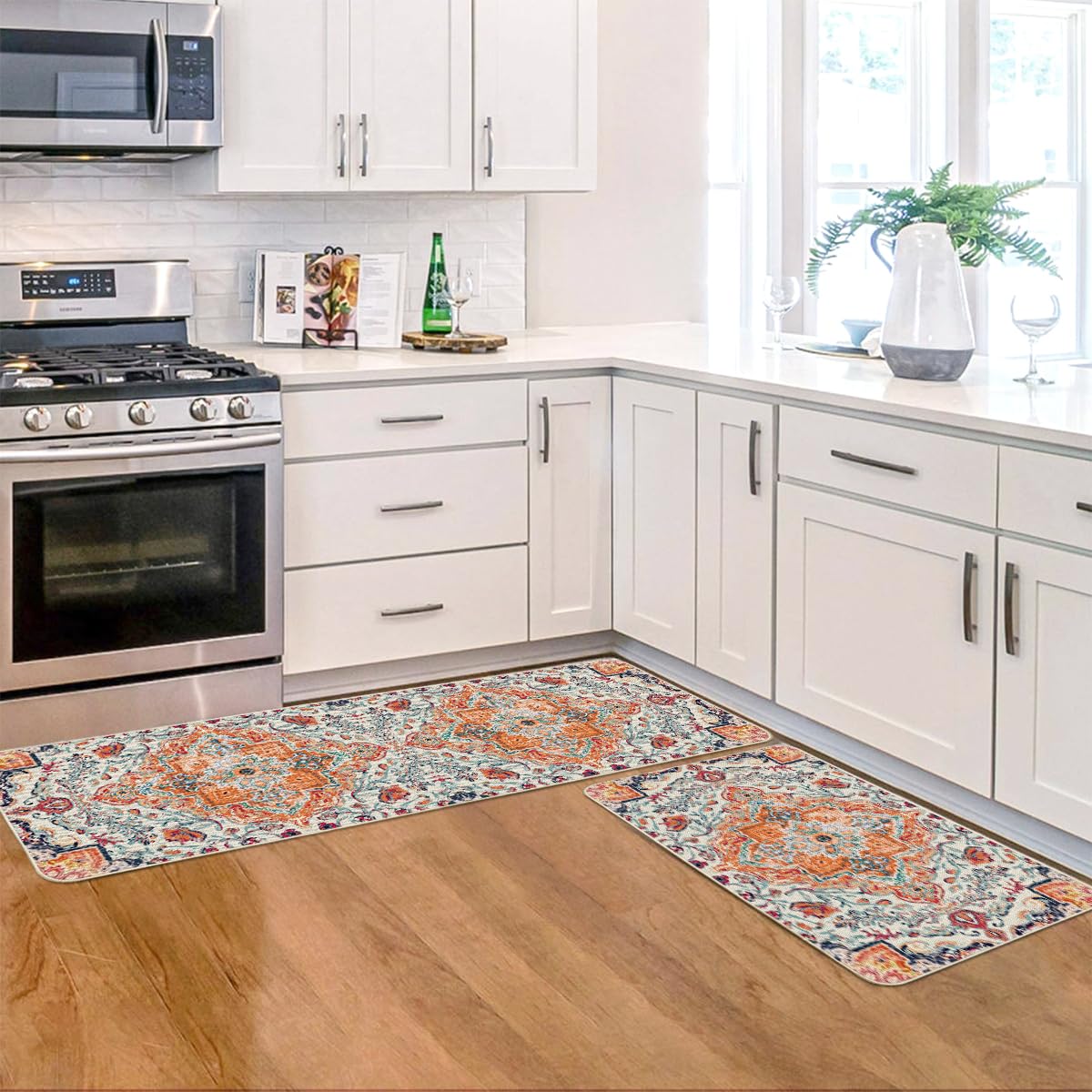Artoid Mode low-profile kitchen mat edge reduces tripping on busy floors.