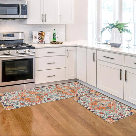 Artoid Mode low-profile kitchen mat edge reduces tripping on busy floors.