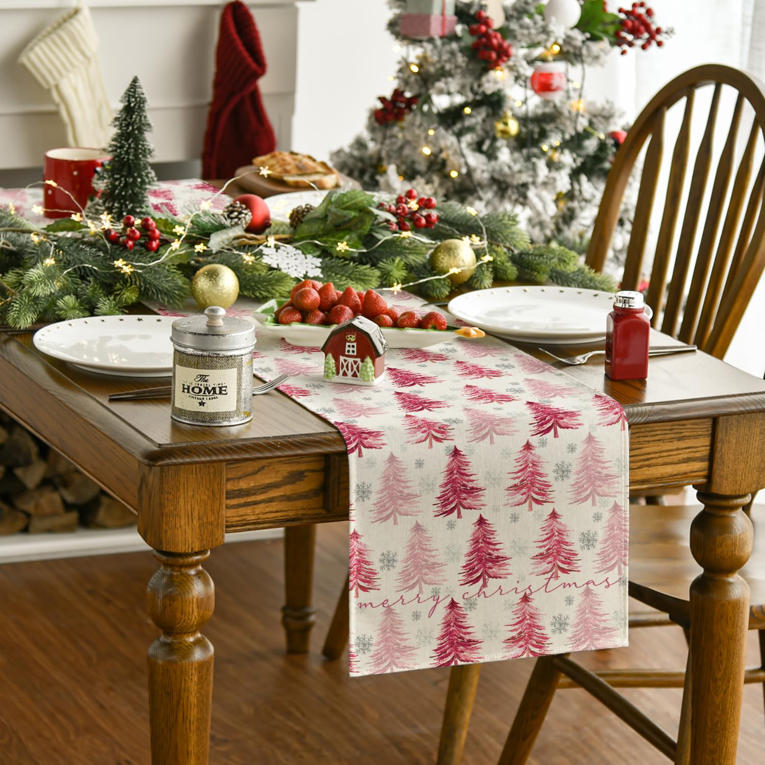 Artoid Mode pink patterned runner brightens seasonal kitchen decor.