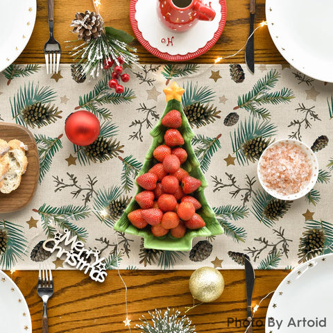 Artoid Mode pine cone leaves stars table runner enhances cozy winter gatherings