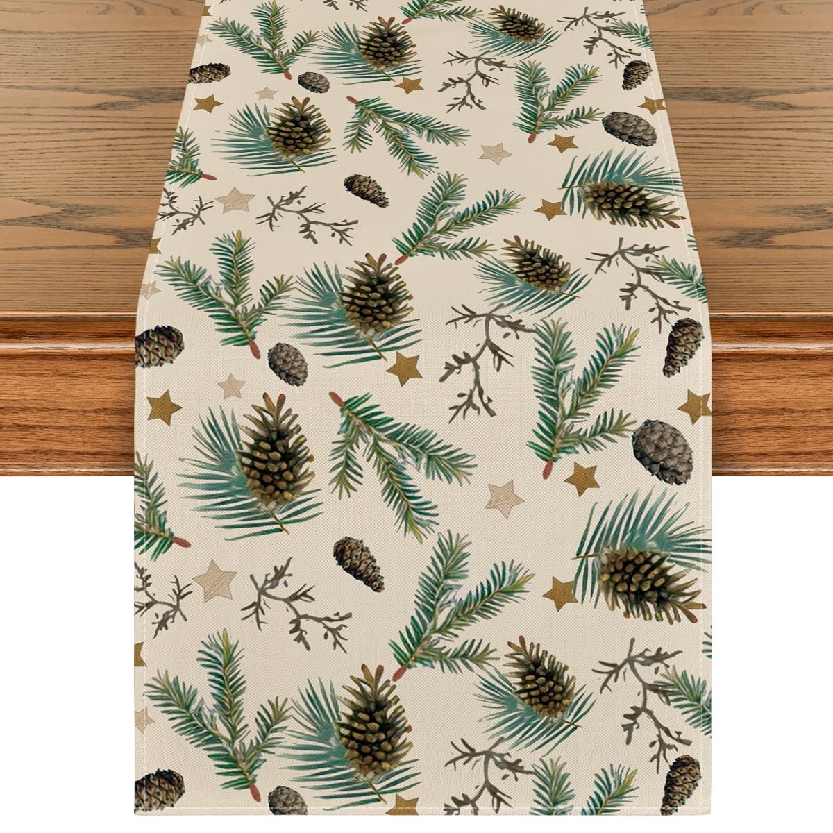 Artoid Mode pine cone leaves stars table runner, front view, durable polyester protection.