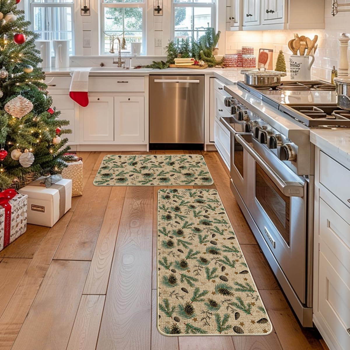 Close-up of the Pine Nut Stars pattern on Artoid Mode mats, seasonal charm