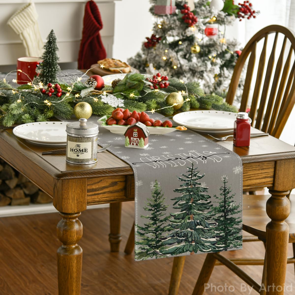 Close-up of Artoid Mode pine tree snowflake pattern on table runner