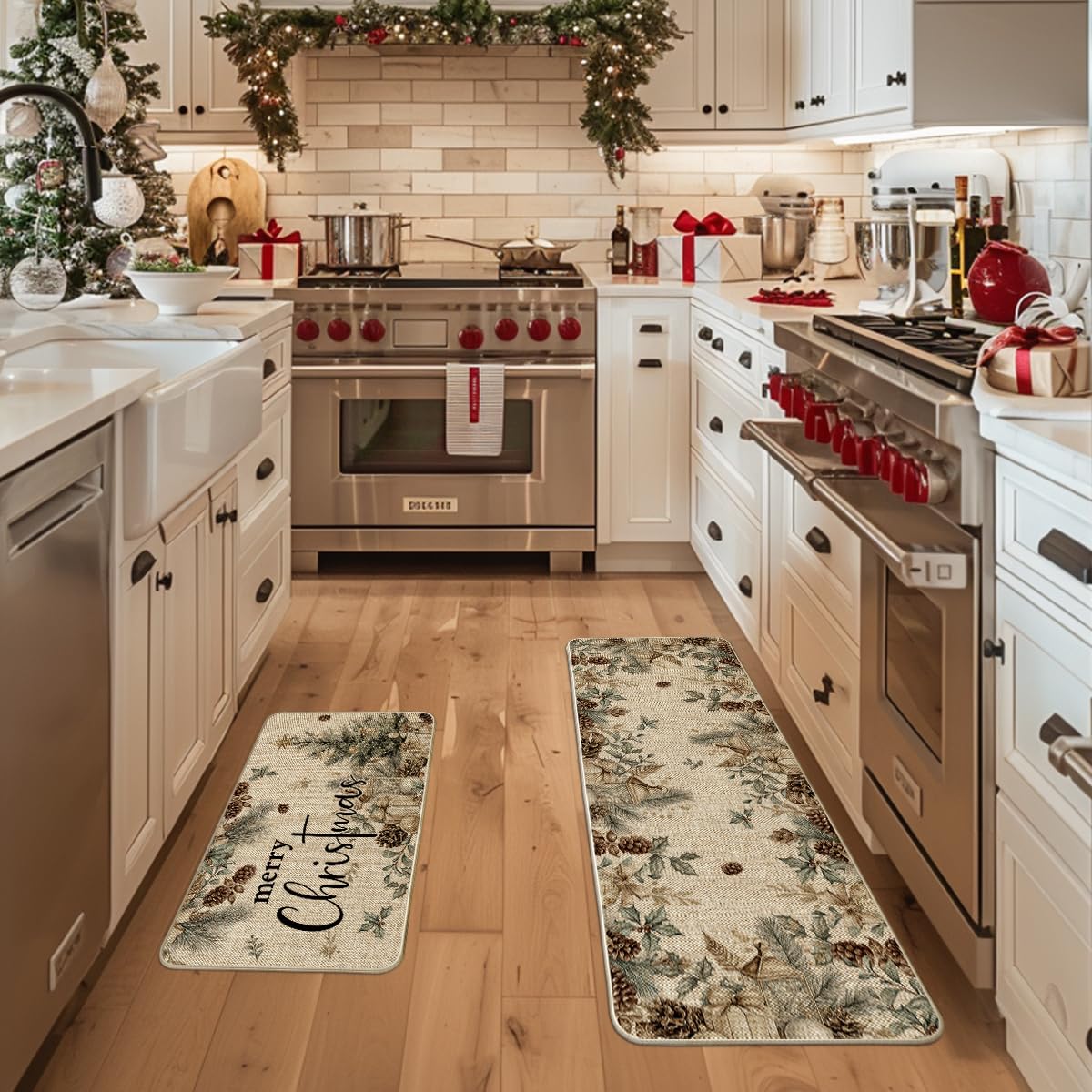 Artoid Mode pinecone tree ornament kitchen mat 17x47 blends style and durability.