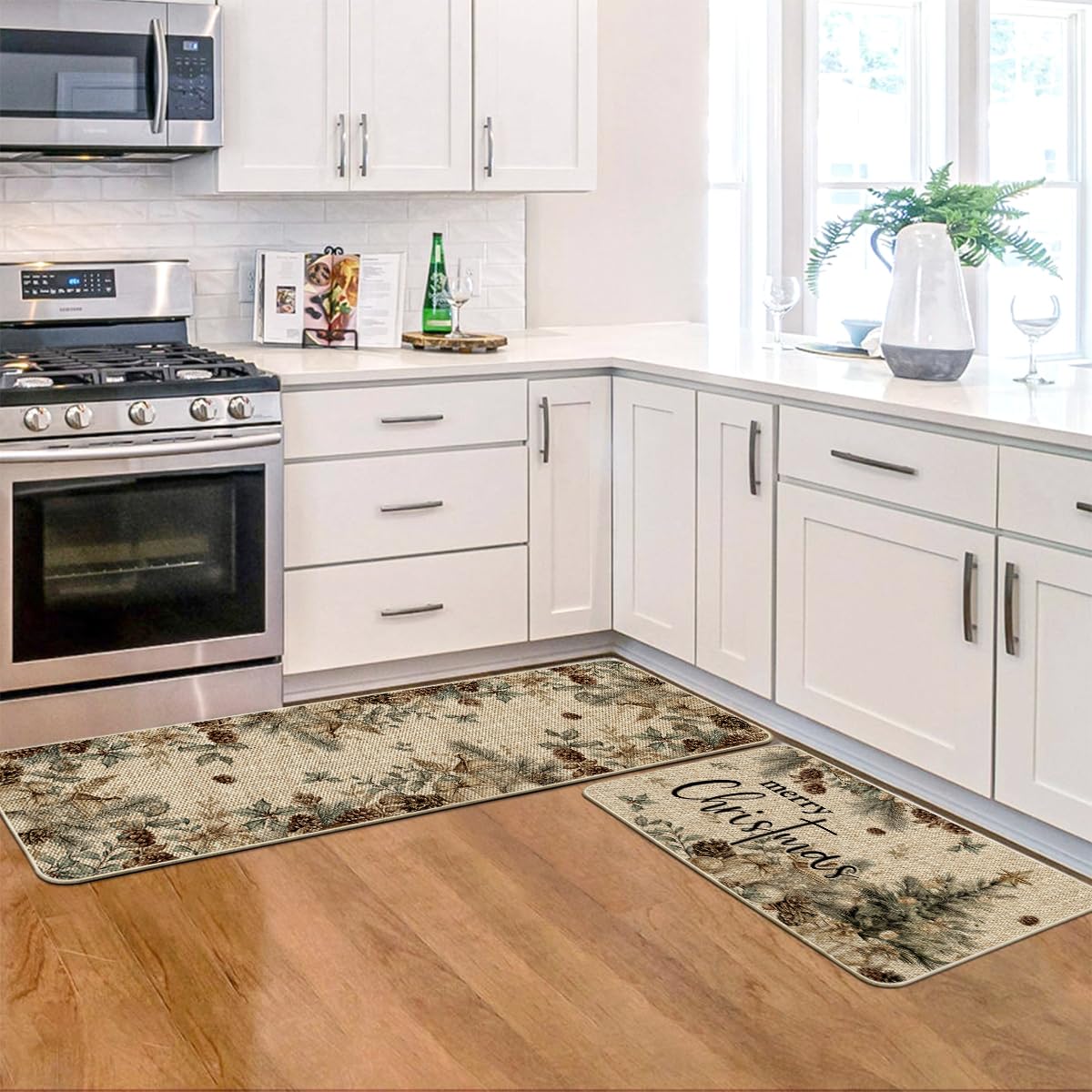 Artoid Mode pinecone tree ornament kitchen mat anti-slip backing protects slippery floors.
