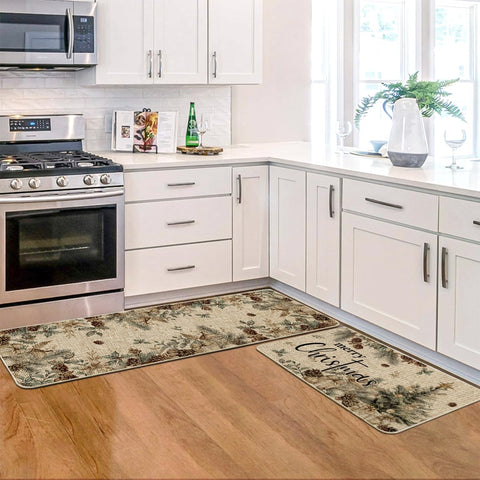 Artoid Mode pinecone tree ornament kitchen mat anti-slip backing protects slippery floors.