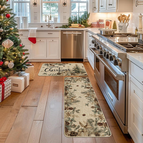 Artoid Mode pinecone tree ornament kitchen mat front view shows festive detail.