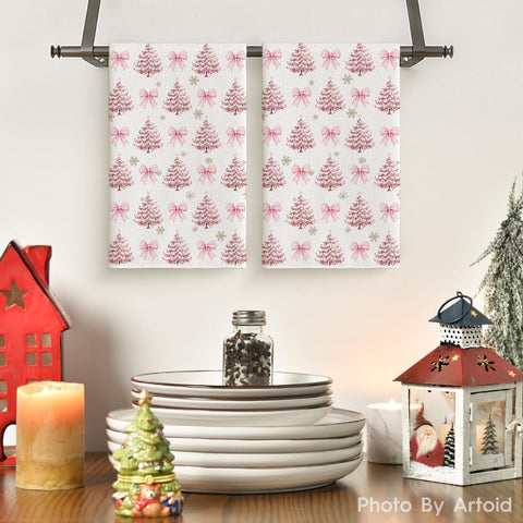 Artoid Mode pink bowknot tree towel folded, showcasing compact kitchen decor and durable fabric.