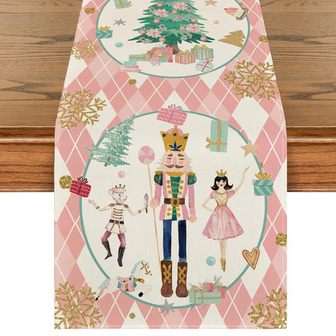 Artoid Mode pink diamond nutcracker snowflake table runner for festive holiday table settings.
