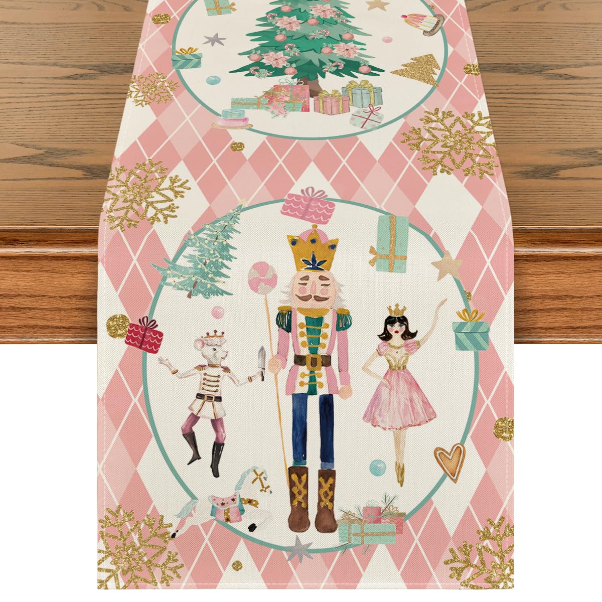 Artoid Mode pink diamond plaid nutcracker snowflake table runner for festive holiday tables