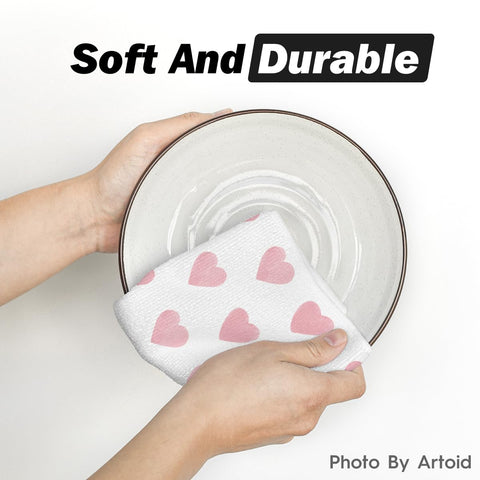 Artoid Mode Pink Heart Love Dish Towels used as cheerful kitchen decor accent.