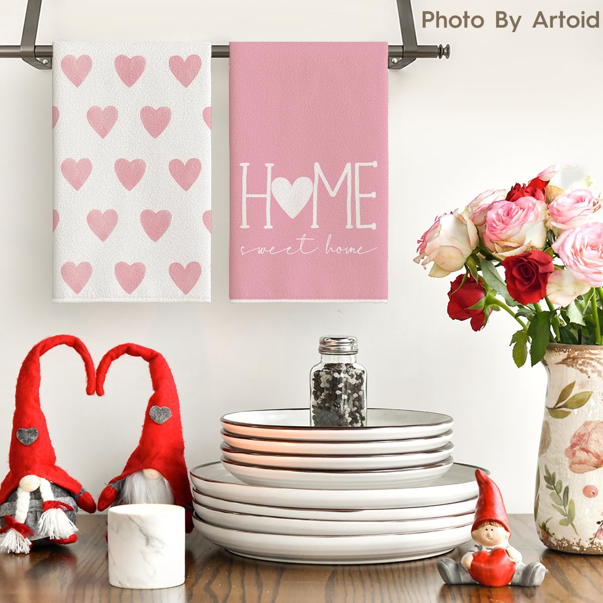 Artoid Mode Pink Heart Love Dish Towels in use for quick dish drying.