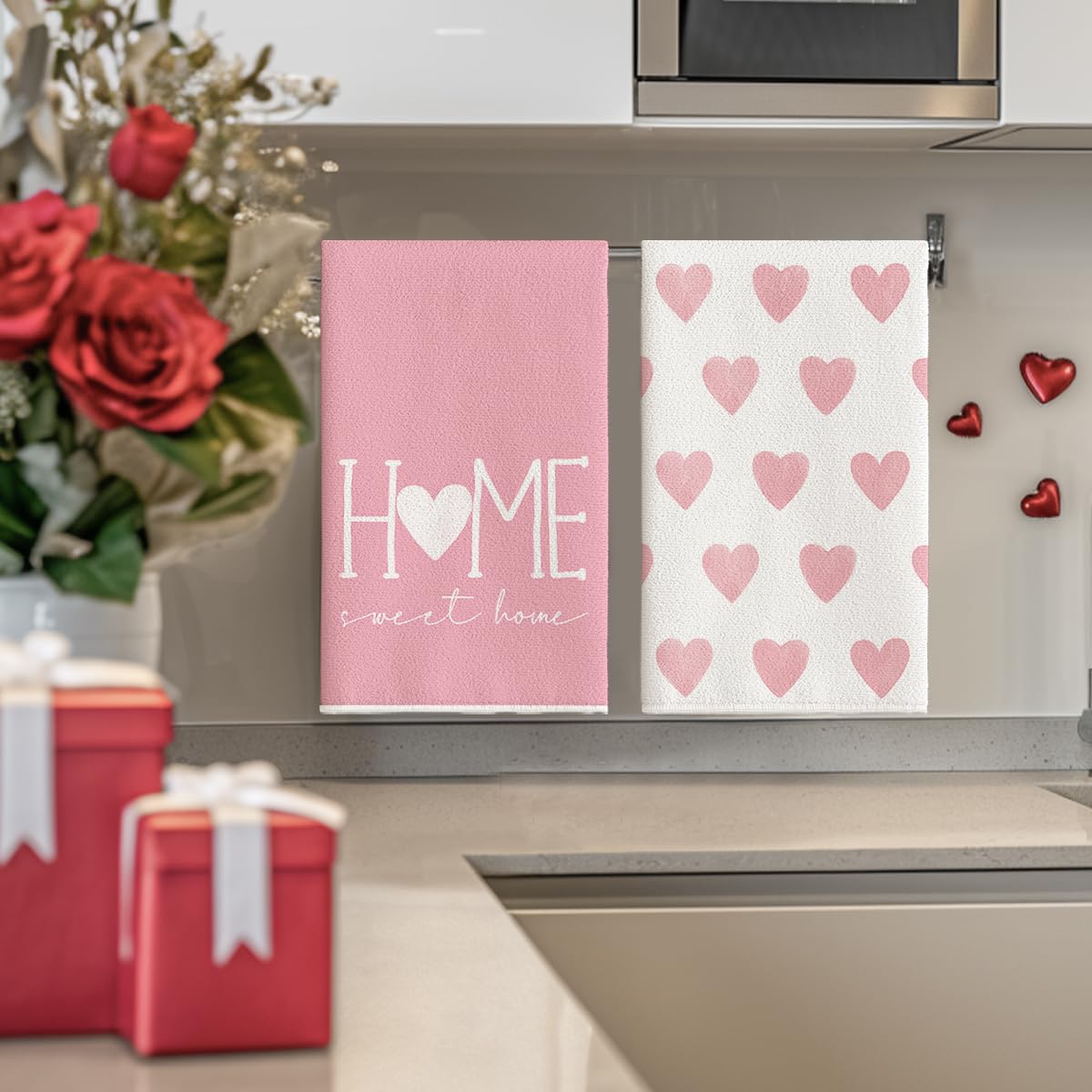 Artoid Mode Pink Heart Love Dish Towels showing a vibrant printed pattern.