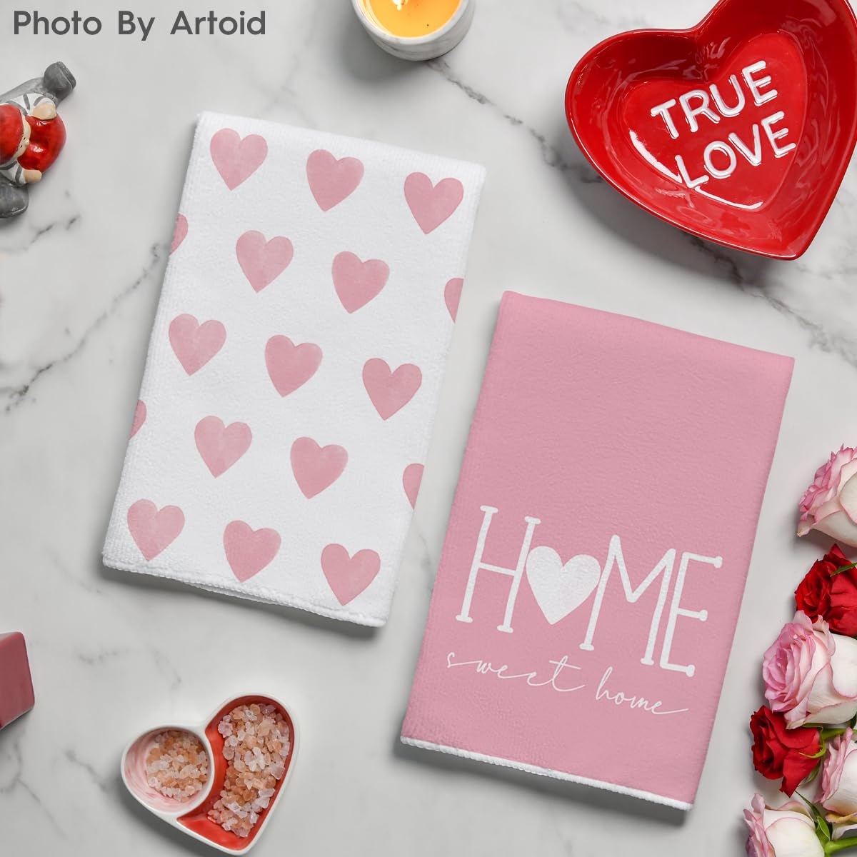 Artoid Mode Pink Heart Love Dish Towels highlighting soft fibers and comfort.