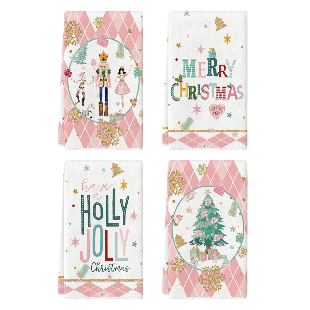 Artoid Mode Pink Nutcrackers kitchen towels draped elegantly for festive decor and daily drying.