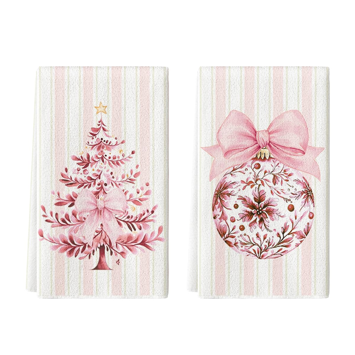 Artoid Mode pink stripe Xmas tree towels for festive kitchen drying and cleanup.