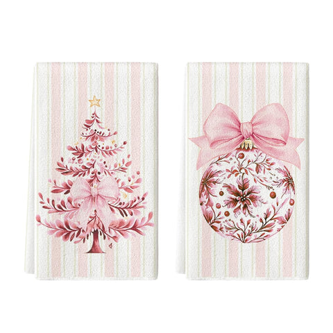 Artoid Mode pink stripe Xmas tree towels for festive kitchen drying and cleanup.