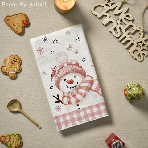 Artoid Mode pink Xmas tree snowman dish towel, 18x26 inches for versatile kitchen use