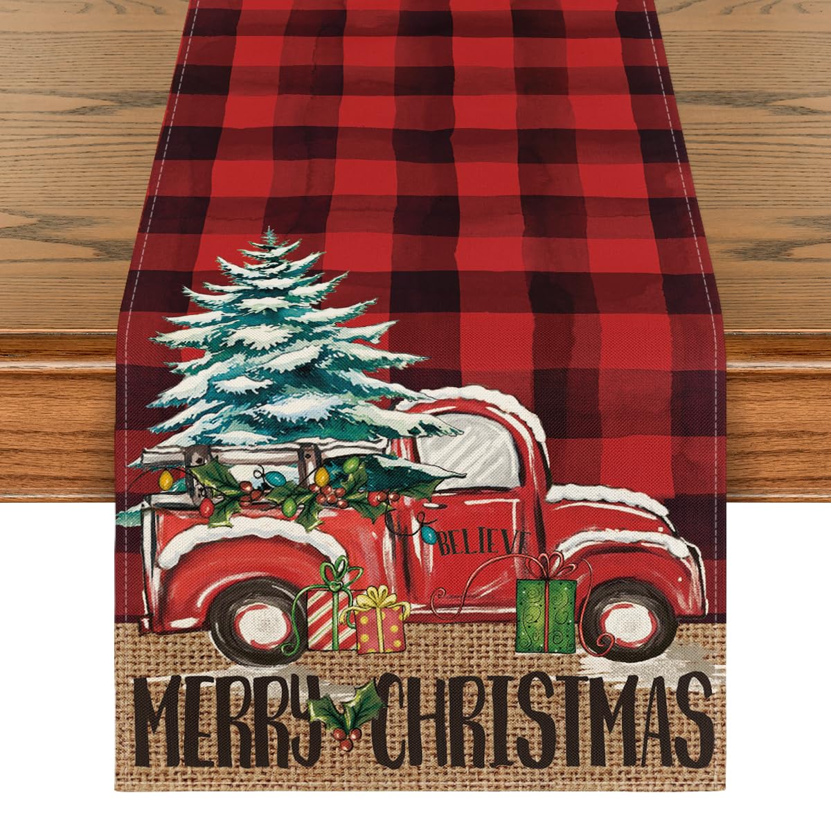 Artoid Mode tree table runner in red and black buffalo plaid for festive gatherings