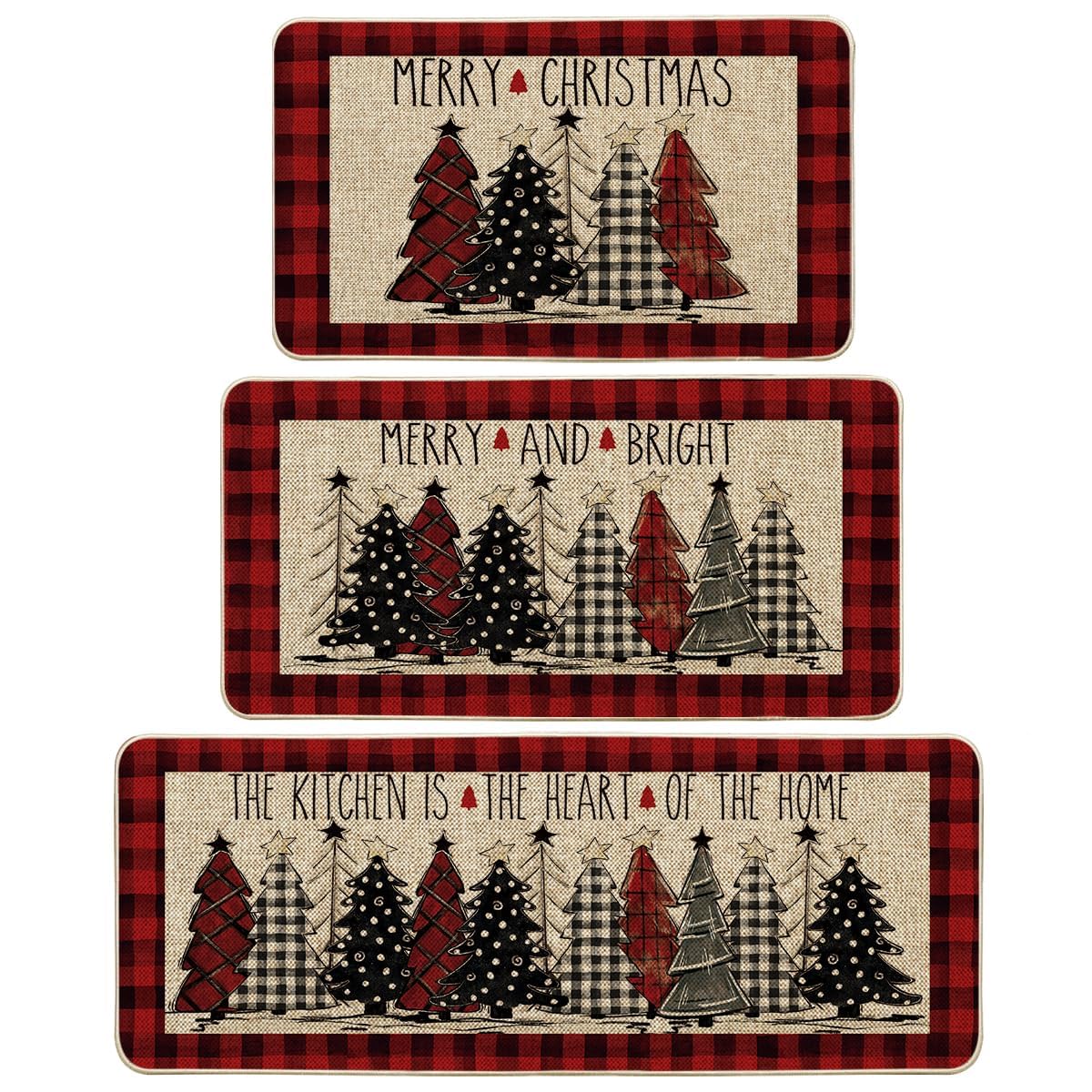 Artoid Mode red buffalo plaid Xmas Trees kitchen mat adds festive style and floor protection.