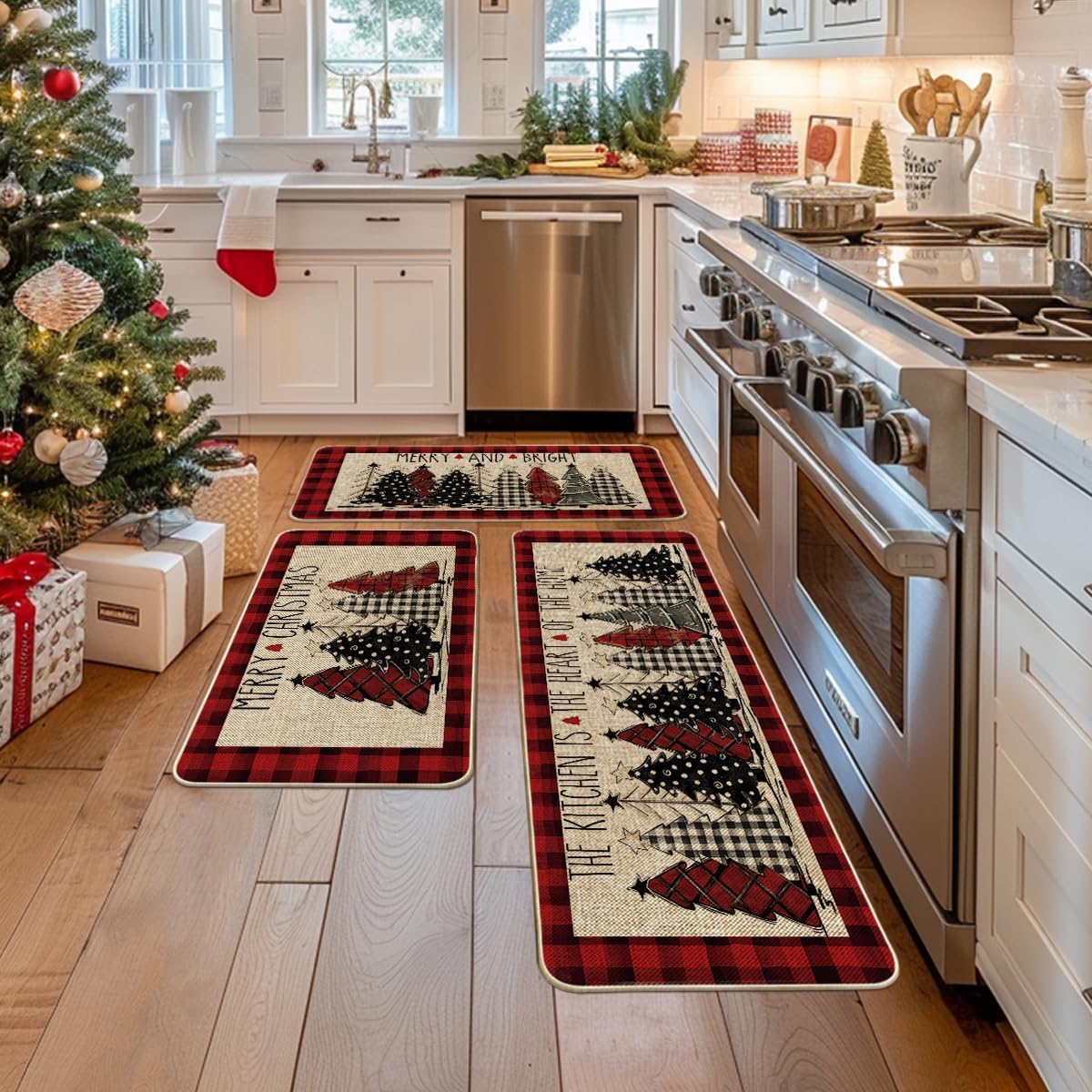 Artoid Mode red buffalo plaid Christmas trees mat strengthens festive decor and resists stains.