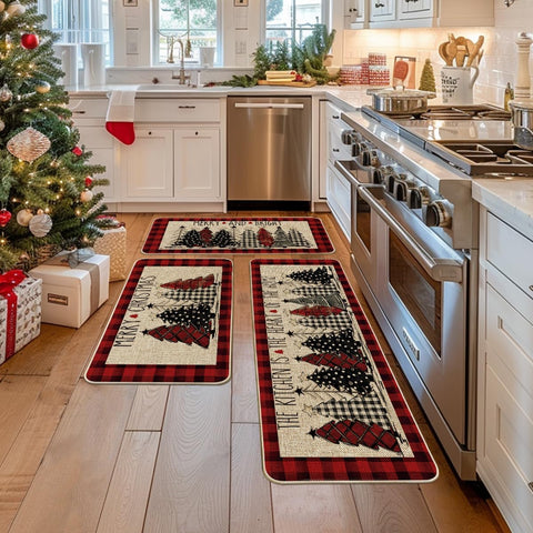 Artoid Mode red buffalo plaid Christmas trees mat strengthens festive decor and resists stains.