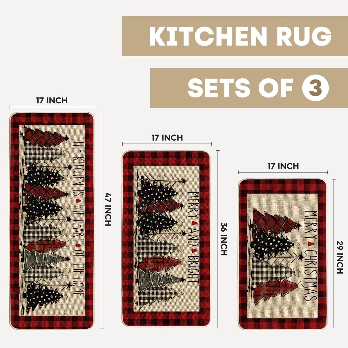 Artoid Mode red buffalo plaid Xmas Trees mat features non-slip backing for busy kitchens.