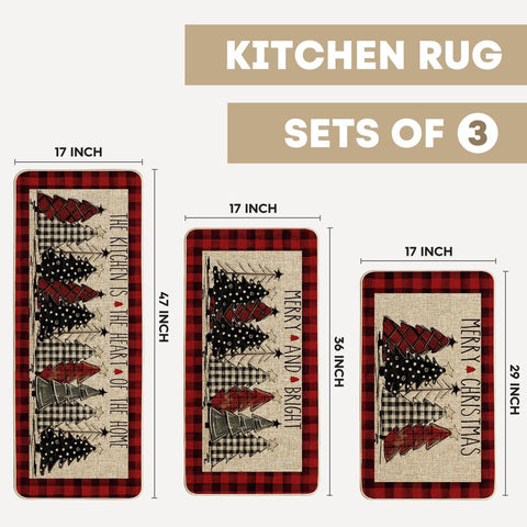 Artoid Mode red buffalo plaid Xmas Trees mat features non-slip backing for busy kitchens.