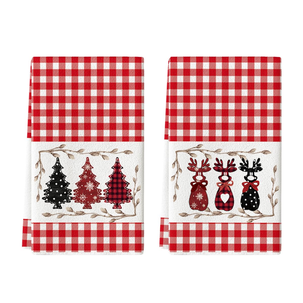 Artoid Mode red buffalo plaid deer kitchen towel; soft, highly absorbent for daily drying.