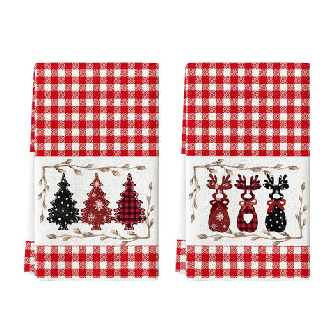 Artoid Mode red buffalo plaid deer kitchen towel; soft, highly absorbent for daily drying.