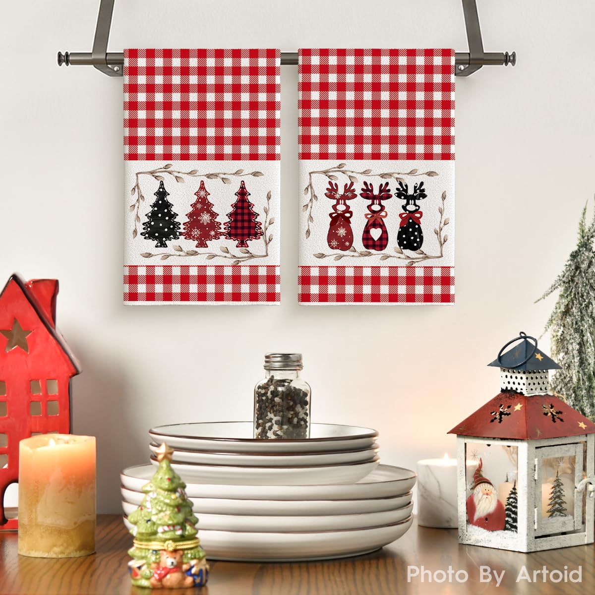 Artoid Mode red buffalo plaid deer towel set; decorative yet practical for holiday cleaning.