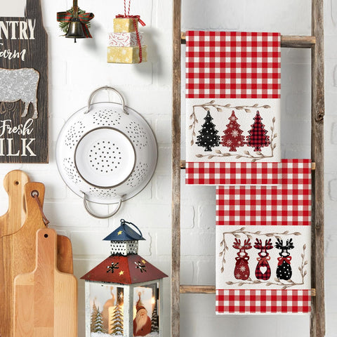 Artoid Mode red buffalo plaid deer towel; durable fabric for busy kitchen tasks.