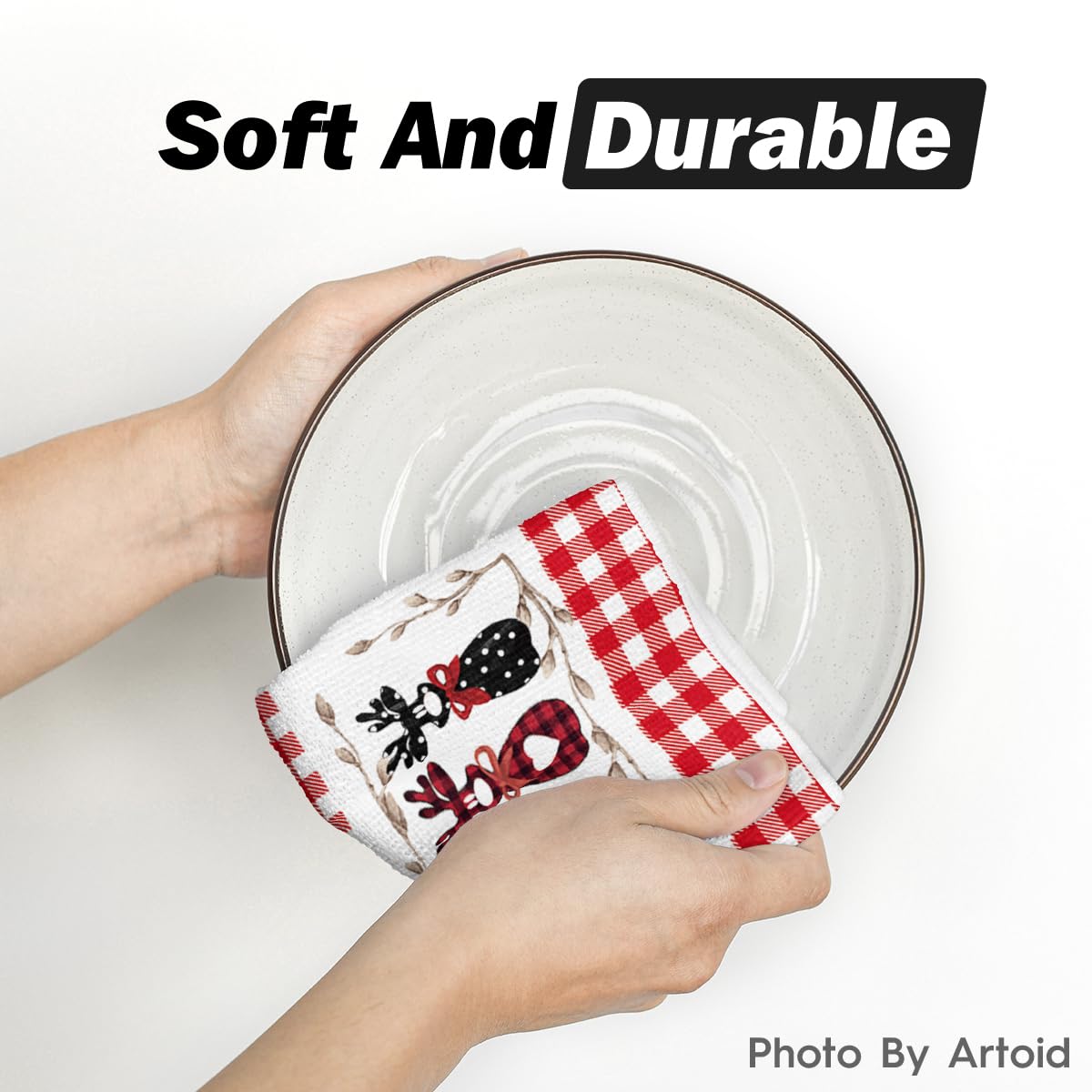 Artoid Mode red plaid deer towel; absorbent and gentle on delicate cookware.