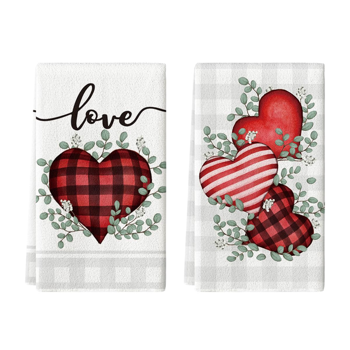 Artoid Mode red buffalo plaid heart towels highlight festive kitchen decor and reliable absorption.