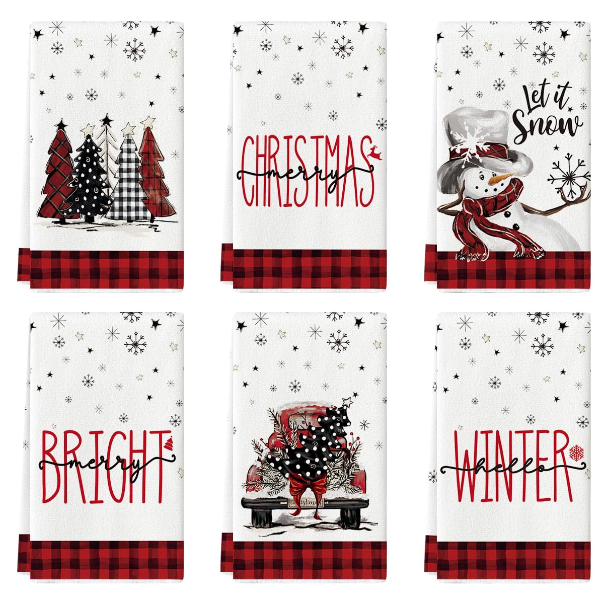 Artoid Mode red buffalo plaid dish towel featuring Xmas trees and snowman truck for festive drying