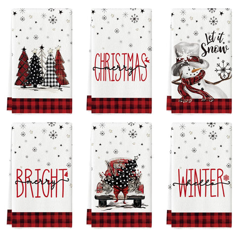 Artoid Mode red buffalo plaid dish towel featuring Xmas trees and snowman truck for festive drying