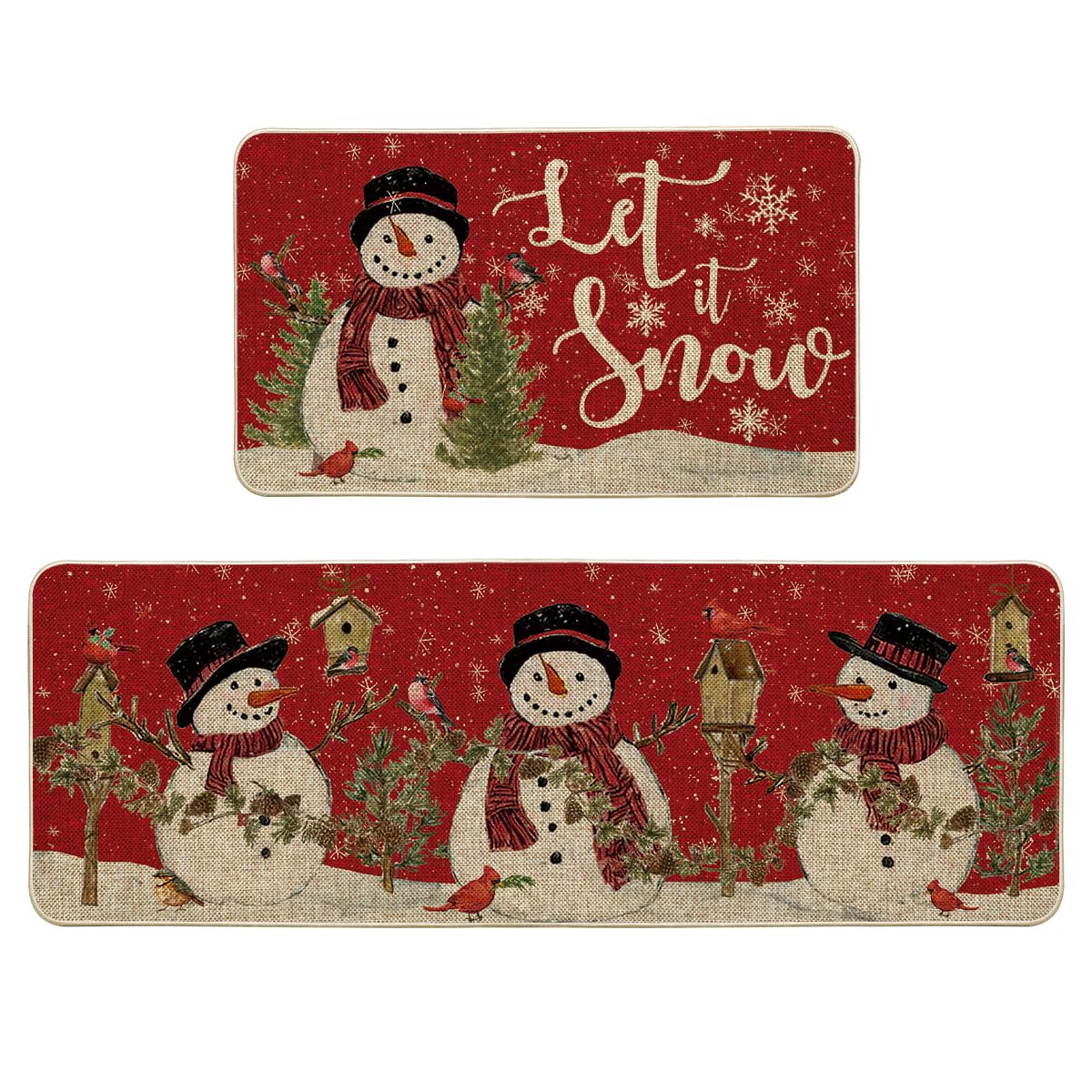 Artoid Mode Red Let It Snow snowman kitchen mat 17x29 adds seasonal charm and floor protection.