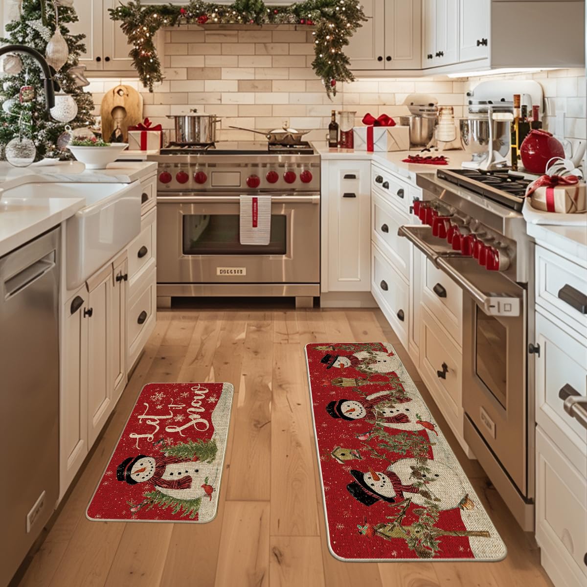 Artoid Mode Red Let It Snow snowman kitchen mat 17x47 enhances decor while shielding floors.