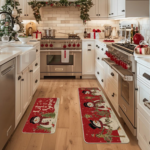 Artoid Mode Red Let It Snow snowman kitchen mat 17x47 enhances decor while shielding floors.