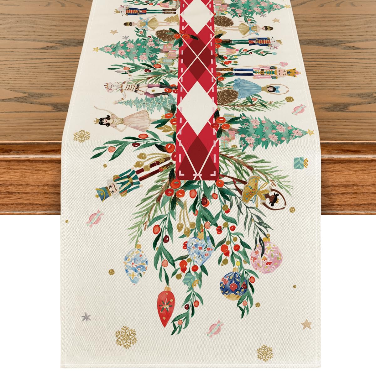 Artoid Mode red nutcracker floral table runner enhancing holiday dining ambiance