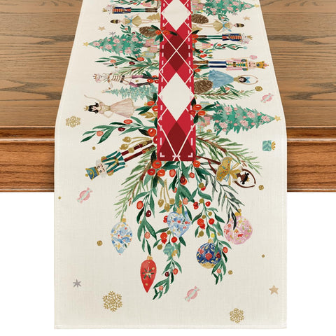 Artoid Mode red nutcracker floral table runner enhancing holiday dining ambiance