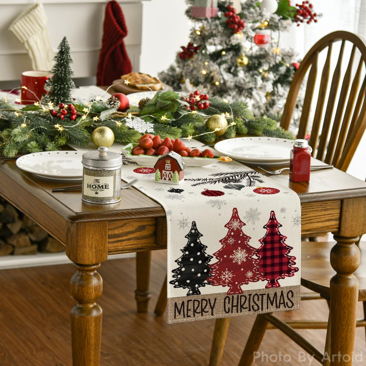 Artoid Mode red pine trees runner on dining table adds seasonal color