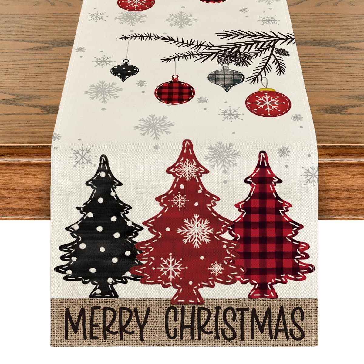 Artoid Mode red pine trees table runner on holiday dining setup with cozy ambiance and protection.