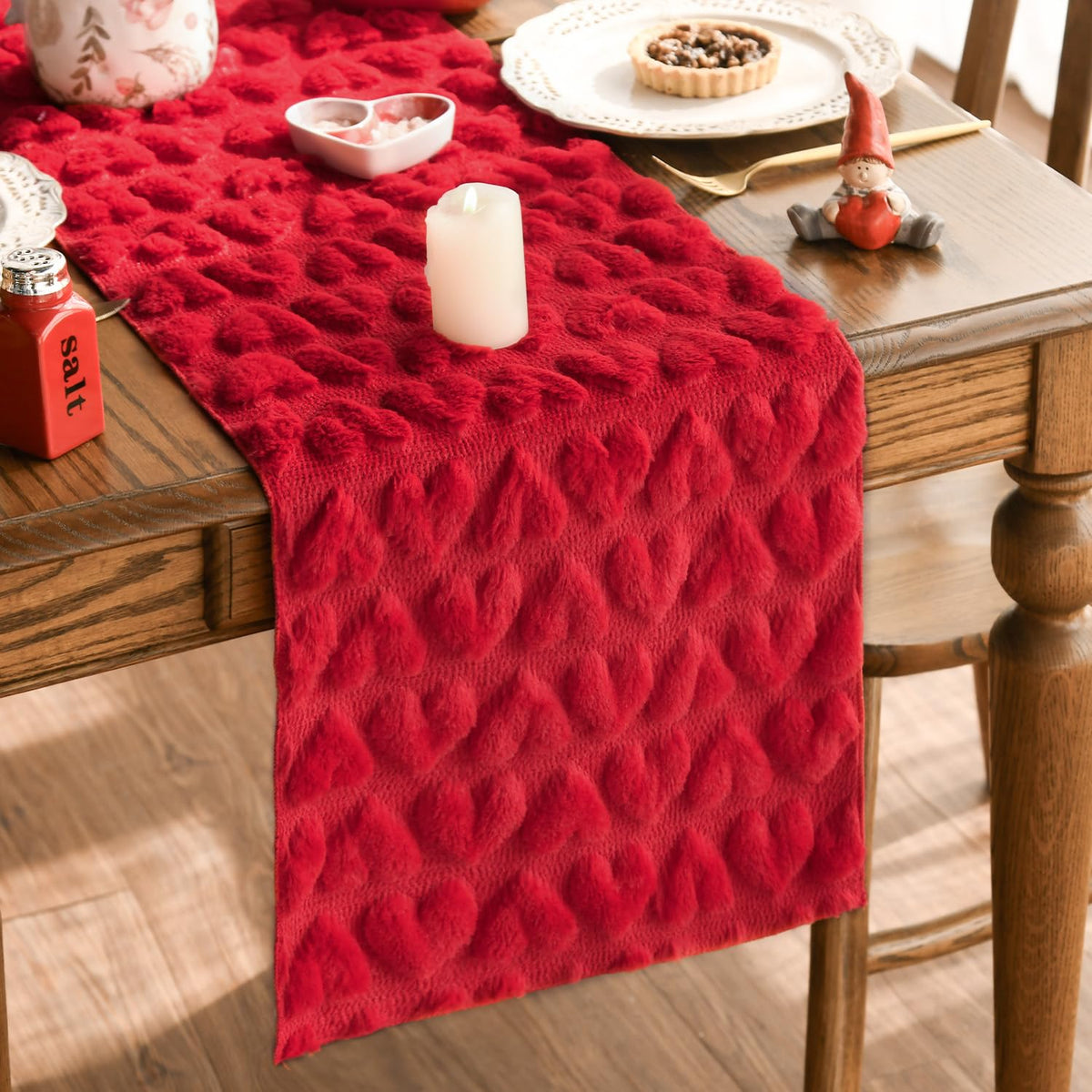 Artoid Mode red plush faux fur heart table runner closeup highlights soft texture and rich color.